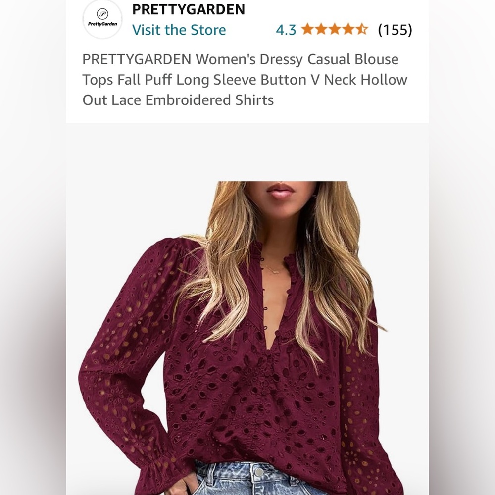 NWT Burgundy eyelet long sleeve button down blouse.  XXL